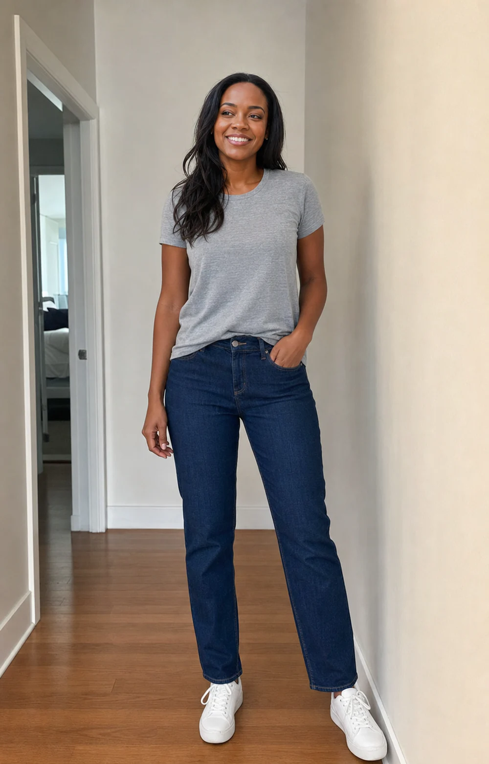 Casual full-body phone photo before styling